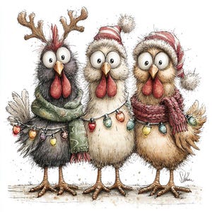 May include: A whimsical illustration of three chickens standing side by side. The left chicken wears reindeer antlers and a green scarf. The middle and right chickens wear red and white striped hats and scarves, all adorned with colorful string lights.