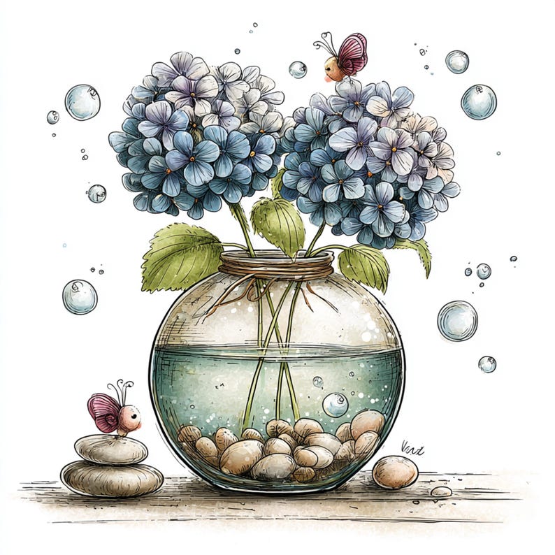 Peut inclure: Illustration &agrave; l'aquarelle d'hortensias bleus et violets dans un vase rond en verre transparent. Le vase contient de l'eau et de petits cailloux. Un papillon se pose sur les fleurs, et un autre sur une pile de pierres. Des bulles flottent autour du vase.