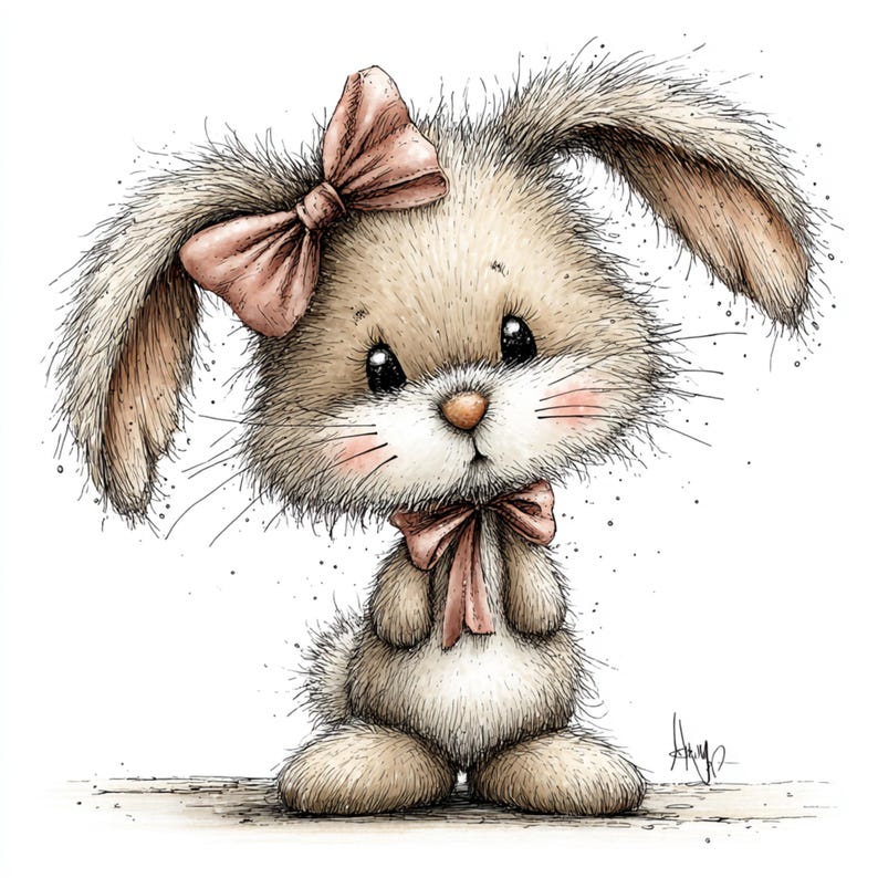 May include: A watercolor illustration of a cute bunny with a light brown and white fur. The bunny has large, expressive eyes, pink cheeks, and a pink bow on its head and neck. The bunny is standing upright.