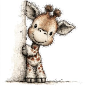 May include: A charming illustration of a baby giraffe peeking around a textured, off-white surface. The giraffe has a fluffy, light brown coat with darker brown spots and a friendly smile. Its large ears and expressive eyes add to its endearing appearance.
