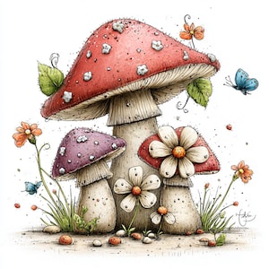 May include: A whimsical illustration of several mushrooms with red, purple, and flower-shaped caps. The largest mushroom has a red cap with white spots. The image includes orange flowers, green leaves, and a blue butterfly, all set against a white background.