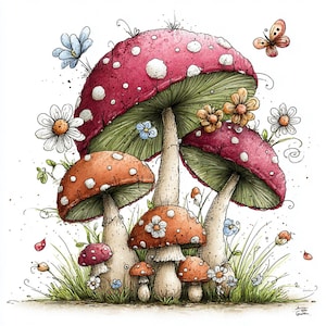 May include: A whimsical illustration of a cluster of mushrooms in a fairy garden setting. The mushrooms feature red and orange caps with white spots, surrounded by daisies, butterflies, and blades of grass. The artwork has a watercolor style.