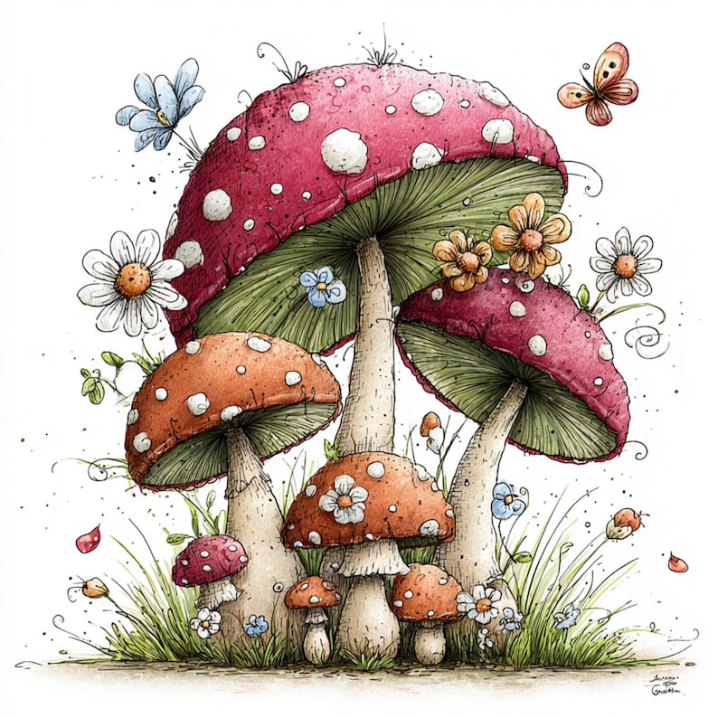 May include: A whimsical illustration of a cluster of mushrooms in a fairy garden setting. The mushrooms feature red and orange caps with white spots, surrounded by daisies, butterflies, and blades of grass. The artwork has a watercolor style.