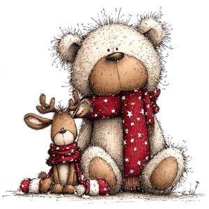 K&ouml;nnte beinhalten: Eine skurrile Illustration eines Teddyb&auml;ren und eines Rentiers, beide mit roten Schals mit wei&szlig;en Sternen. Der B&auml;r ist cremefarben mit einer braunen Schnauze, und das Rentier ist braun mit Geweih. Das Bild hat ein festliches, weihnachtliches Thema.
