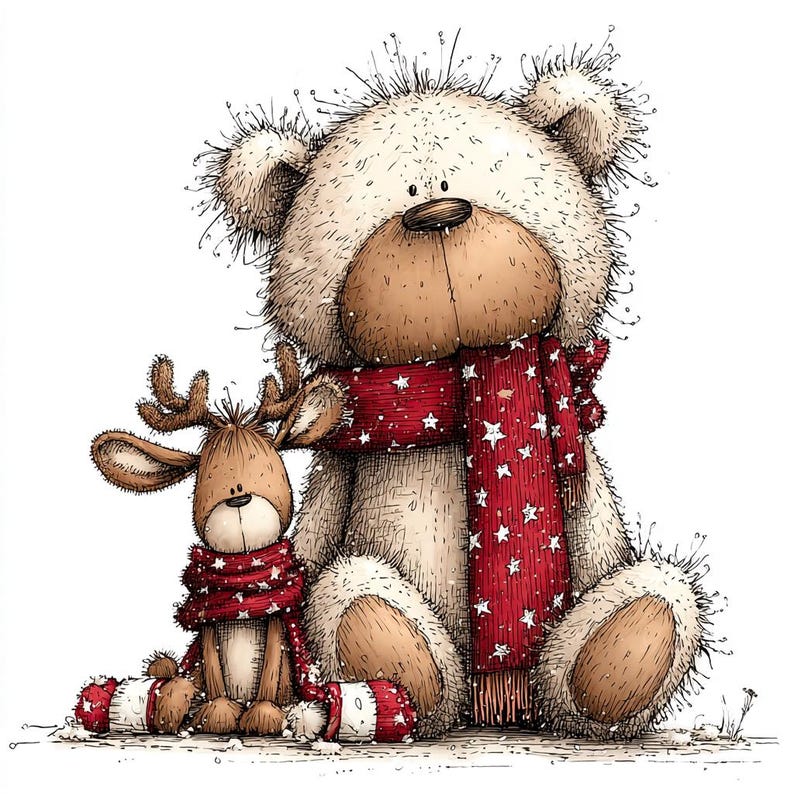 K&ouml;nnte beinhalten: Eine skurrile Illustration eines Teddyb&auml;ren und eines Rentiers, beide mit roten Schals mit wei&szlig;en Sternen. Der B&auml;r ist cremefarben mit einer braunen Schnauze, und das Rentier ist braun mit Geweih. Das Bild hat ein festliches, weihnachtliches Thema.