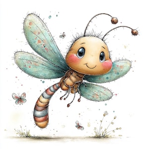 Puede incluir: Ilustración acuarela de una libélula sonriente con ojos grandes y mejillas rosadas. La libélula tiene alas azul-verdosas con manchas rosas y naranjas, un abdomen rayado, y está rodeada de pequeñas mariposas y hierba.