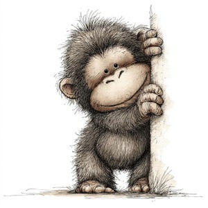May include: A whimsical illustration of a cartoon monkey peeking around a white surface. The monkey has brown fur, a light tan face, and is smiling. The artwork is detailed with shading and texture, giving it a soft, friendly appearance.