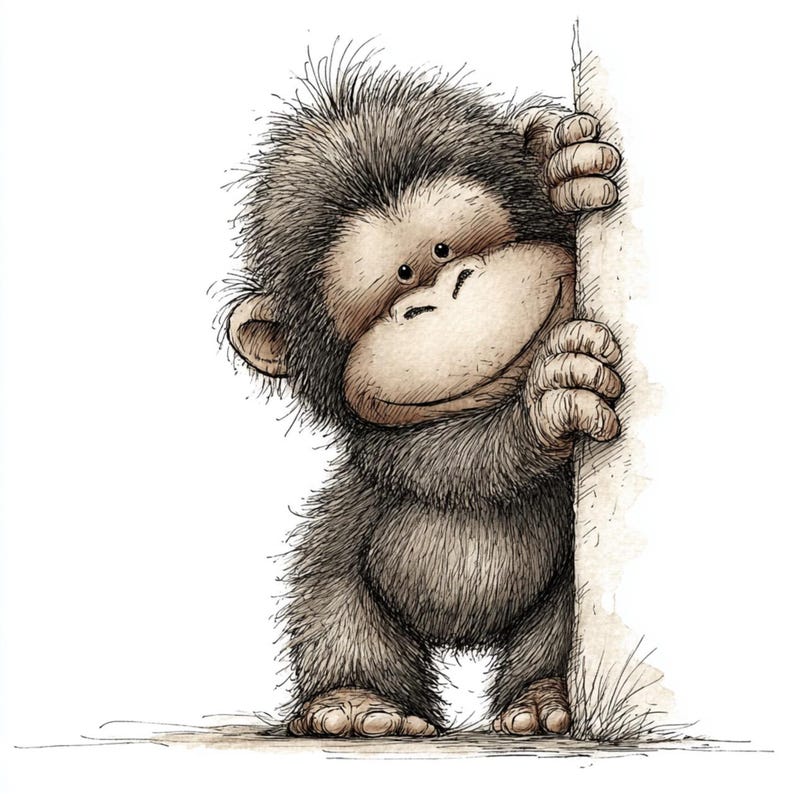 May include: A whimsical illustration of a cartoon monkey peeking around a white surface. The monkey has brown fur, a light tan face, and is smiling. The artwork is detailed with shading and texture, giving it a soft, friendly appearance.
