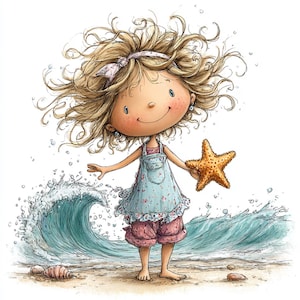 Op de afbeelding: Een cartoon illustratie van een kind op het strand. Het kind heeft blond, krullend haar en draagt een blauwe jurk en een roze korte broek. Ze houden een zeester vast en staan bij een golf. De achtergrond is een zandstrand en de oceaan.