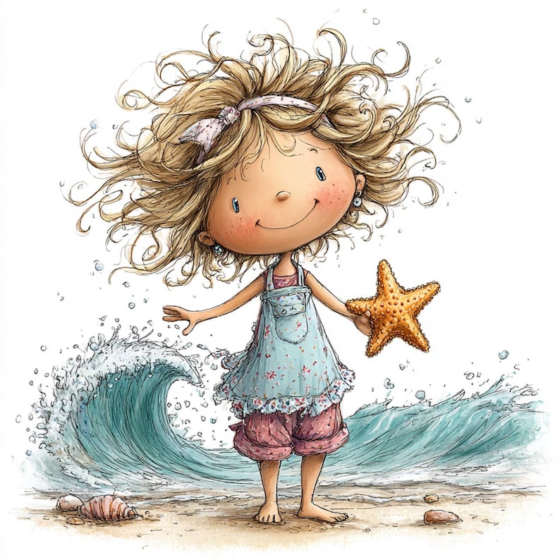 Op de afbeelding: Een cartoon illustratie van een kind op het strand. Het kind heeft blond, krullend haar en draagt een blauwe jurk en een roze korte broek. Ze houden een zeester vast en staan bij een golf. De achtergrond is een zandstrand en de oceaan.
