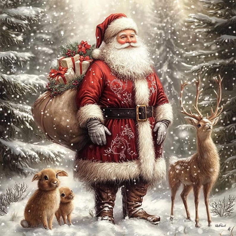 May include: Santa Claus wearing a red coat with white fur trim, a matching hat, and brown boots, carrying a large sack filled with gift boxes wrapped in white paper with red bows, accompanied by two brown rabbits and a deer in a snowy forest.