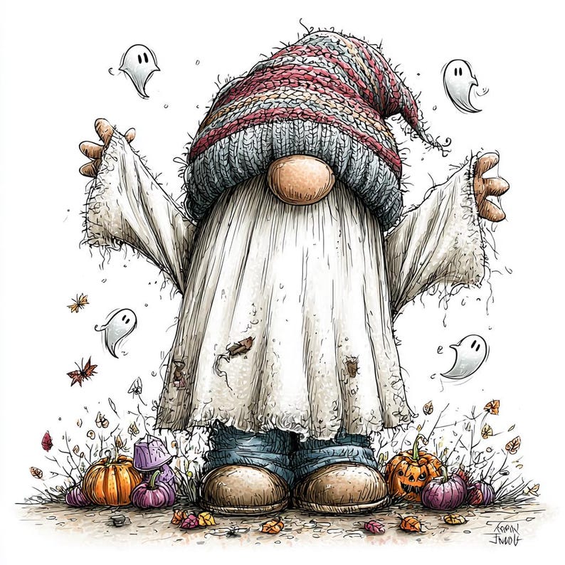 May include: A gnome illustration wearing a striped knit hat and a white ghost costume with frayed edges. The gnome stands among small orange and purple pumpkins and scattered autumn leaves, surrounded by four small floating ghost figures.