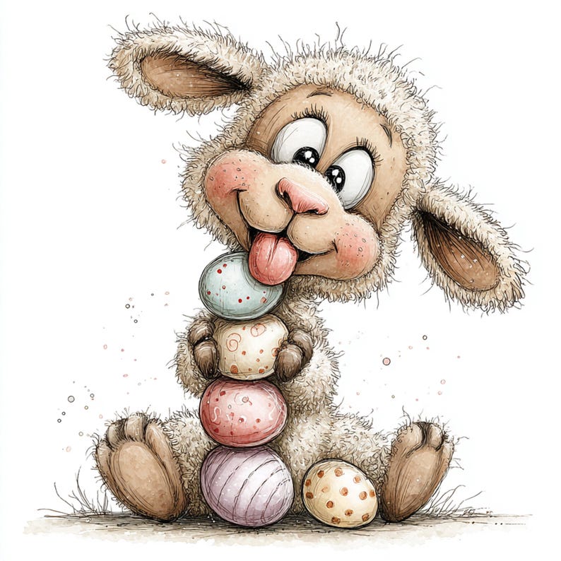 May include: A whimsical illustration of a sheep with a stack of Easter eggs. The sheep is light brown with a fluffy texture, rosy cheeks, and a pink tongue sticking out. The eggs are pastel colors with various patterns, including dots and stripes.