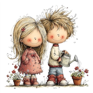 May include: A whimsical illustration of two cartoon children. A girl with long blonde hair in a pink dress stands next to a boy watering flowers. The boy wears a white sweater, blue jeans, and red boots. The girl wears red boots.