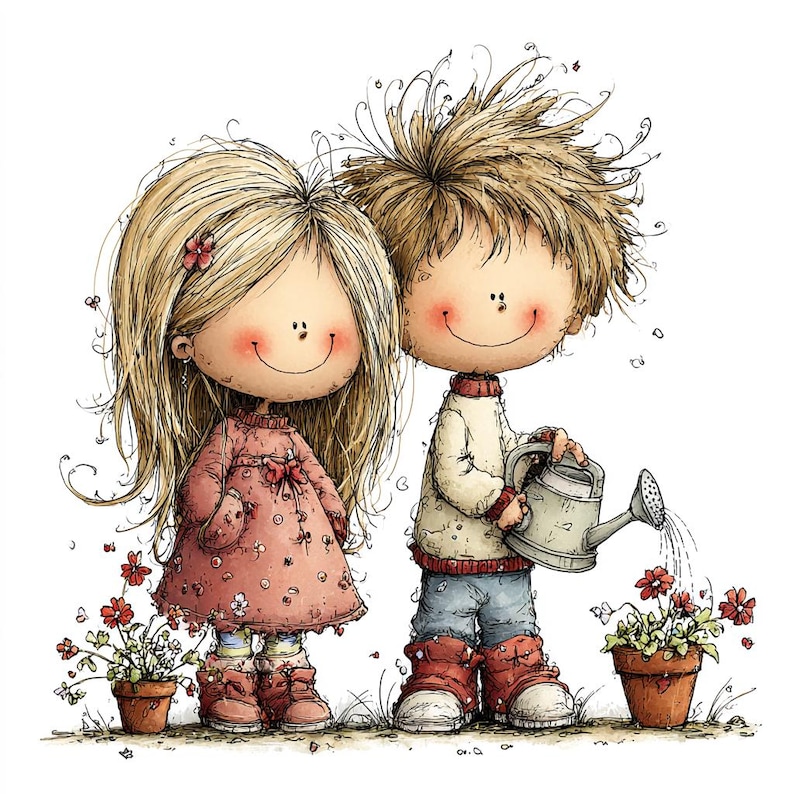 May include: A whimsical illustration of two cartoon children. A girl with long blonde hair in a pink dress stands next to a boy watering flowers. The boy wears a white sweater, blue jeans, and red boots. The girl wears red boots.