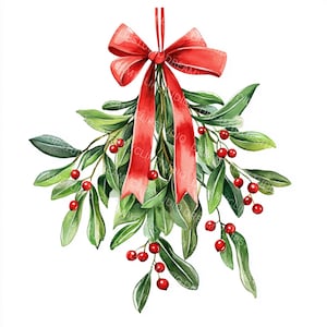 May include: Watercolor illustration of a mistletoe sprig with green leaves, red berries, and a red ribbon bow. The sprig is hanging from a red ribbon. The image is on a white background. Perfect for holiday decor.