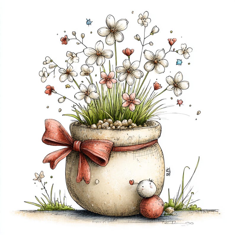 Peut inclure: Illustration fantaisiste d'une plante en pot avec des fleurs blanches et roses, de l'herbe verte et des petits cailloux. Un n&oelig;ud rouge orne le pot, et un petit personnage rond avec un c&oelig;ur flotte &agrave; proximit&eacute;. Le dessin est de style fait &agrave; la main.