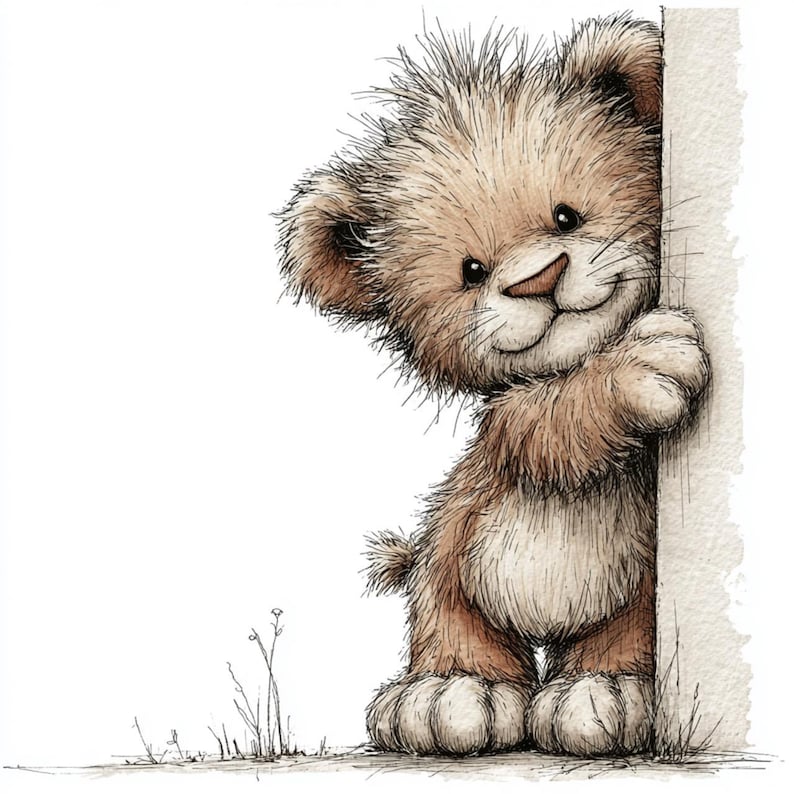 May include: A charming illustration of a teddy bear peeking around a corner. The bear has soft brown fur, a friendly smile, and is drawn in a whimsical style. The image is set against a white background, with a touch of grass at the bottom.
