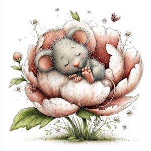Peut inclure: Illustration à l'aquarelle d'une souris endormie nichée dans une grande fleur de pivoine rose. La souris est grise, les yeux fermés et les petits pieds roses. Des papillons et de petites fleurs blanches sont dispersés autour de la fleur.