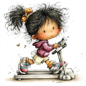 May include: A cartoon illustration of a young person running on a treadmill. The person is wearing a pink hoodie, shorts, and sneakers. The treadmill is gray, and the background is white. Butterflies are also in the image.