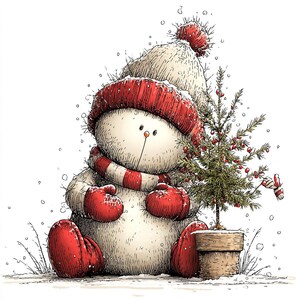 Puede incluir: Ilustraci&oacute;n caprichosa de un mu&ntilde;eco de nieve con una bufanda a rayas rojas y blancas, gorro y mitones a juego. El mu&ntilde;eco de nieve est&aacute; sentado junto a un peque&ntilde;o &aacute;rbol de Navidad decorado con bayas rojas y un bast&oacute;n de caramelo. Los copos de nieve caen alrededor del mu&ntilde;eco de nieve.