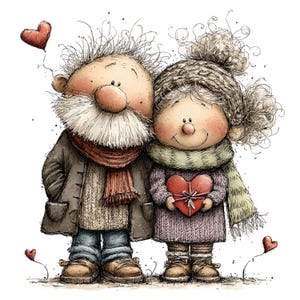 Può includere: Un'illustrazione stravagante di una coppia di anziani che si abbracciano, con un palloncino a forma di cuore che fluttua sopra di loro. L'uomo indossa un cappotto, un maglione e una sciarpa, mentre la donna tiene in mano un regalo a forma di cuore. L'opera presenta colori tenui e uno stile affascinante.