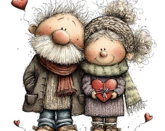 31 JPG Whimsical Valentine Old Couple Clipart – Cute Watercolor Love Grandparents – Festive JPG Illustrations (Digital Download)