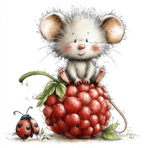 May include: A whimsical illustration of a white mouse with large ears sitting atop a large red raspberry. A red ladybug with black spots is to the left. The artwork has a soft, watercolor style with a white background.