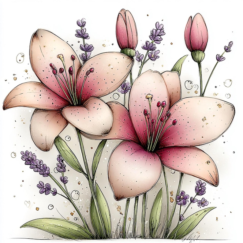 Puede incluir: Ilustraci&oacute;n en acuarela de lirios rosas y ramitas de lavanda. Los lirios tienen un degradado de tonos rosas, con centros m&aacute;s oscuros y bordes m&aacute;s claros. La lavanda es de un p&uacute;rpura intenso y las hojas son verdes. El fondo es blanco con peque&ntilde;os detalles dispersos.