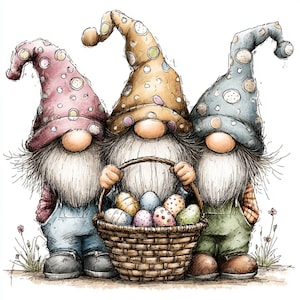 Könnte beinhalten: Aquarellillustration von drei Ostergnomen. Jeder Zwerg trägt einen spitzen Hut mit Punkten und hält einen Korb mit dekorierten Ostereiern. Die Zwerge haben lange weiße Bärte und tragen Latzhosen.