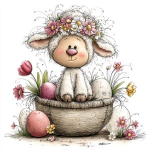 Puede incluir: Una encantadora ilustración de un cordero con una corona floral, sentado en una cesta de mimbre. La cesta está rodeada de huevos de Pascua y flores coloridas, creando una escena primaveral festiva. El cordero tiene una expresión dulce.