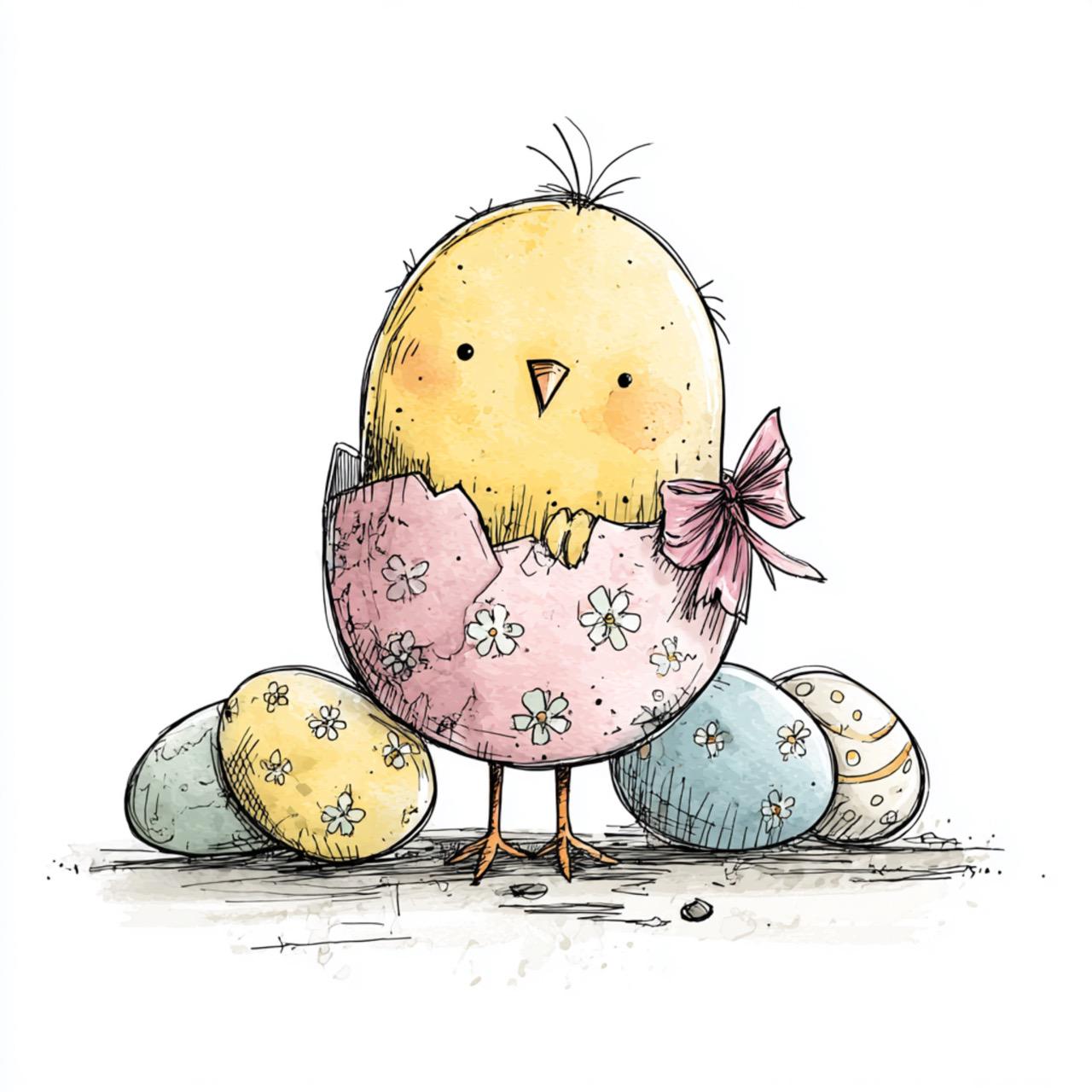 May include: A watercolor illustration of a yellow chick hatching from a pink eggshell adorned with white floral patterns. The chick has a pink bow and is surrounded by decorated Easter eggs in pastel colors.