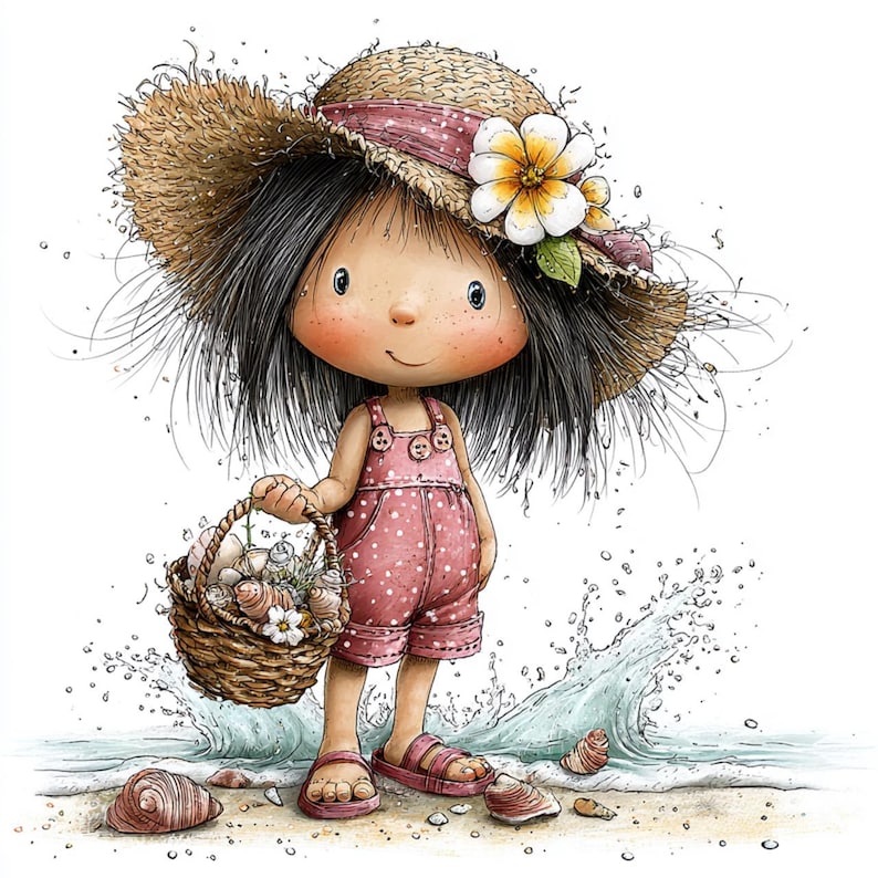 Op de afbeelding: Waterverfillustratie van een jong meisje op het strand. Ze draagt een roze romper met stippen, sandalen en een strohoed met een bloem. Ze draagt een mand met schelpen en bloemen, met golven en schelpen op de achtergrond.