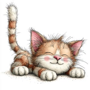 Puede incluir: Ilustración de dibujos animados de un gatito naranja y blanco feliz, con los ojos cerrados y la nariz rosada. El gatito está acostado con la cola levantada y las mejillas sonrosadas. La obra tiene un aspecto suave y texturizado.
