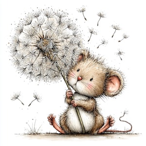 May include: A charming cartoon mouse illustration holding a dandelion. The mouse is depicted in shades of brown and tan, with pink cheeks. Dandelion seeds float around the flower. The artwork is set against a white backdrop.