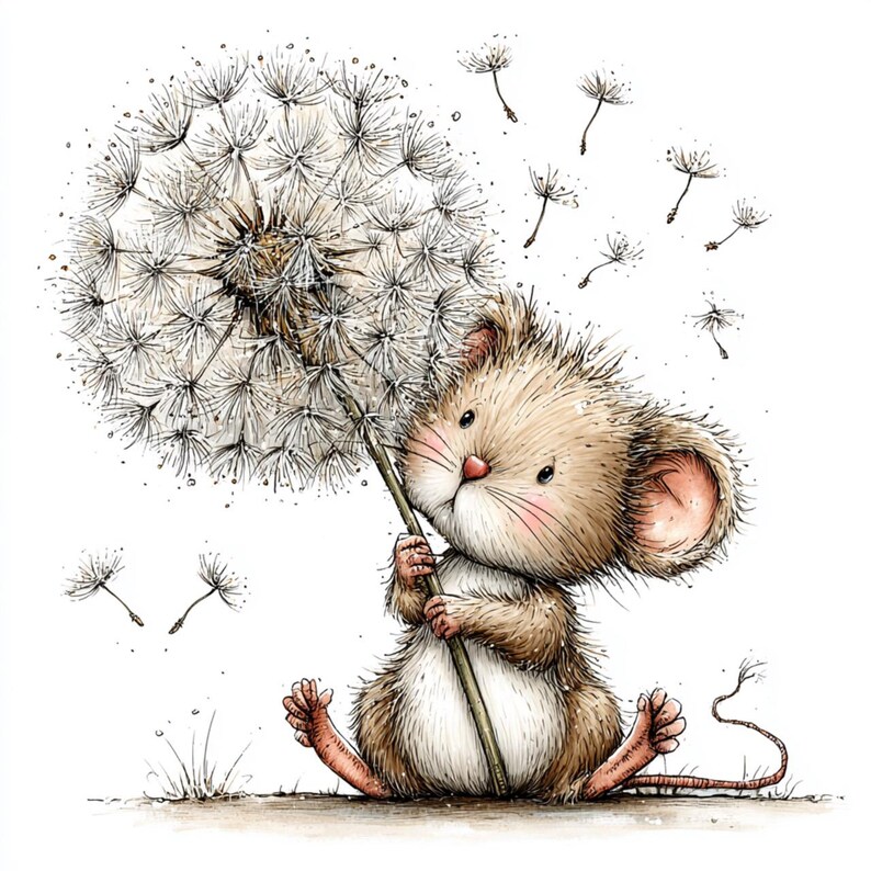 May include: A charming cartoon mouse illustration holding a dandelion. The mouse is depicted in shades of brown and tan, with pink cheeks. Dandelion seeds float around the flower. The artwork is set against a white backdrop.