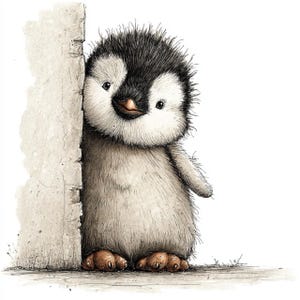 May include: A watercolor illustration of a fluffy penguin with black and white feathers, leaning against a textured, off-white wall. The penguin has a small, orange beak and brown feet, with a soft, inviting expression.