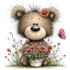 Puede incluir: Una ilustración caprichosa de un oso de peluche marrón con una flor en el pelo, sosteniendo una maceta con flores naranjas y rosas. Una mariposa rosa revolotea cerca, con flores y hierba adicionales en primer plano.