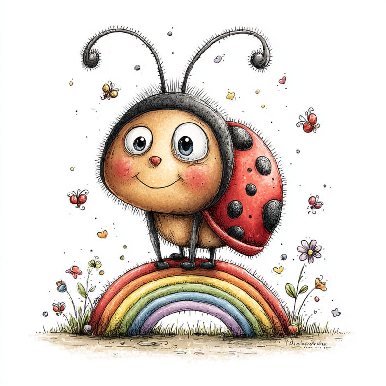 Peut inclure: Illustration fantaisiste d'une coccinelle de dessin anim&eacute; avec une carapace rouge et des points noirs, debout sur un arc-en-ciel. La coccinelle a de grands yeux bleus et un visage souriant. Des papillons et des fleurs entourent l'arc-en-ciel.