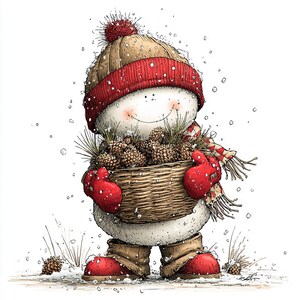 Puede incluir: Ilustraci&oacute;n de un mu&ntilde;eco de nieve caprichoso. El mu&ntilde;eco de nieve lleva un gorro de punto beige con borde y pomp&oacute;n rojos, una bufanda roja y blanca, y guantes y botas rojas. Lleva una cesta de mimbre llena de pi&ntilde;as y vegetaci&oacute;n, con copos de nieve.