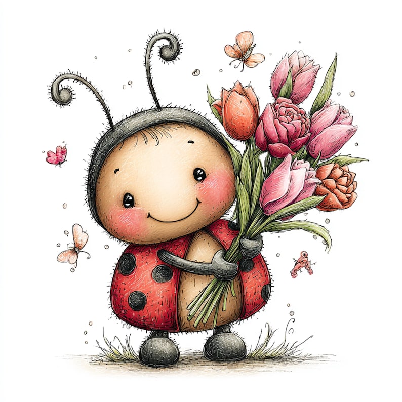 Peut inclure: Un personnage de coccinelle de dessin anim&eacute; avec une carapace rouge et des points noirs, tenant un bouquet de tulipes roses et oranges. La coccinelle a un visage souriant et est entour&eacute;e de papillons.