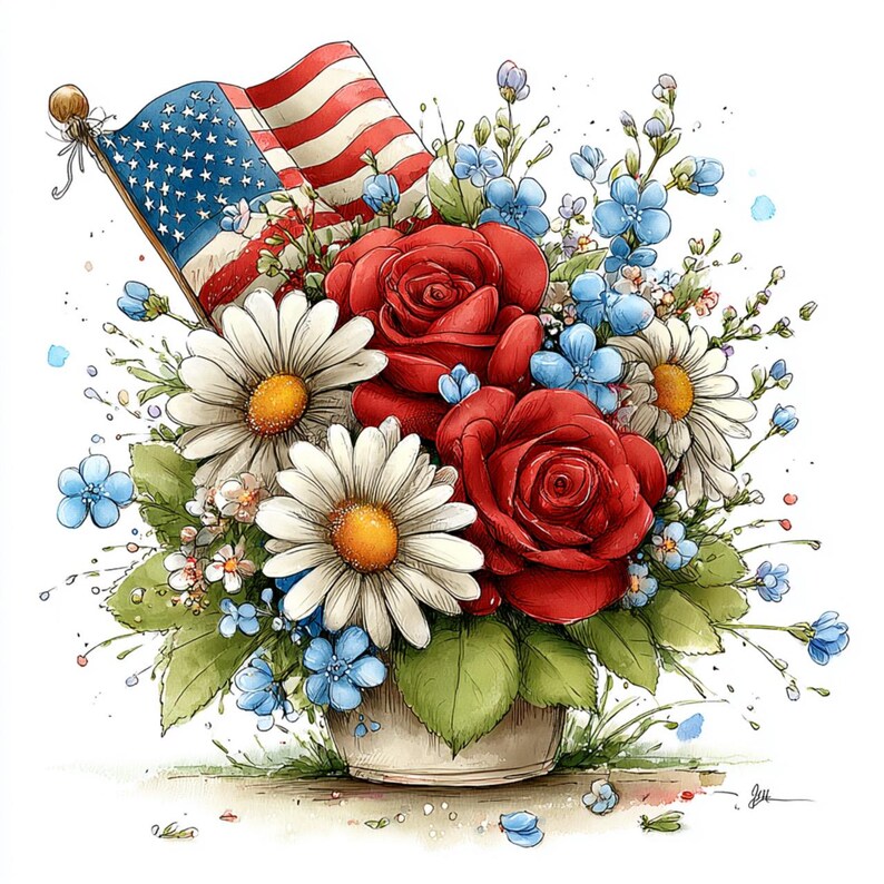 20 JPG Whimsical Patriotic Bouquet Clipart – 4th of July Watercolor ...