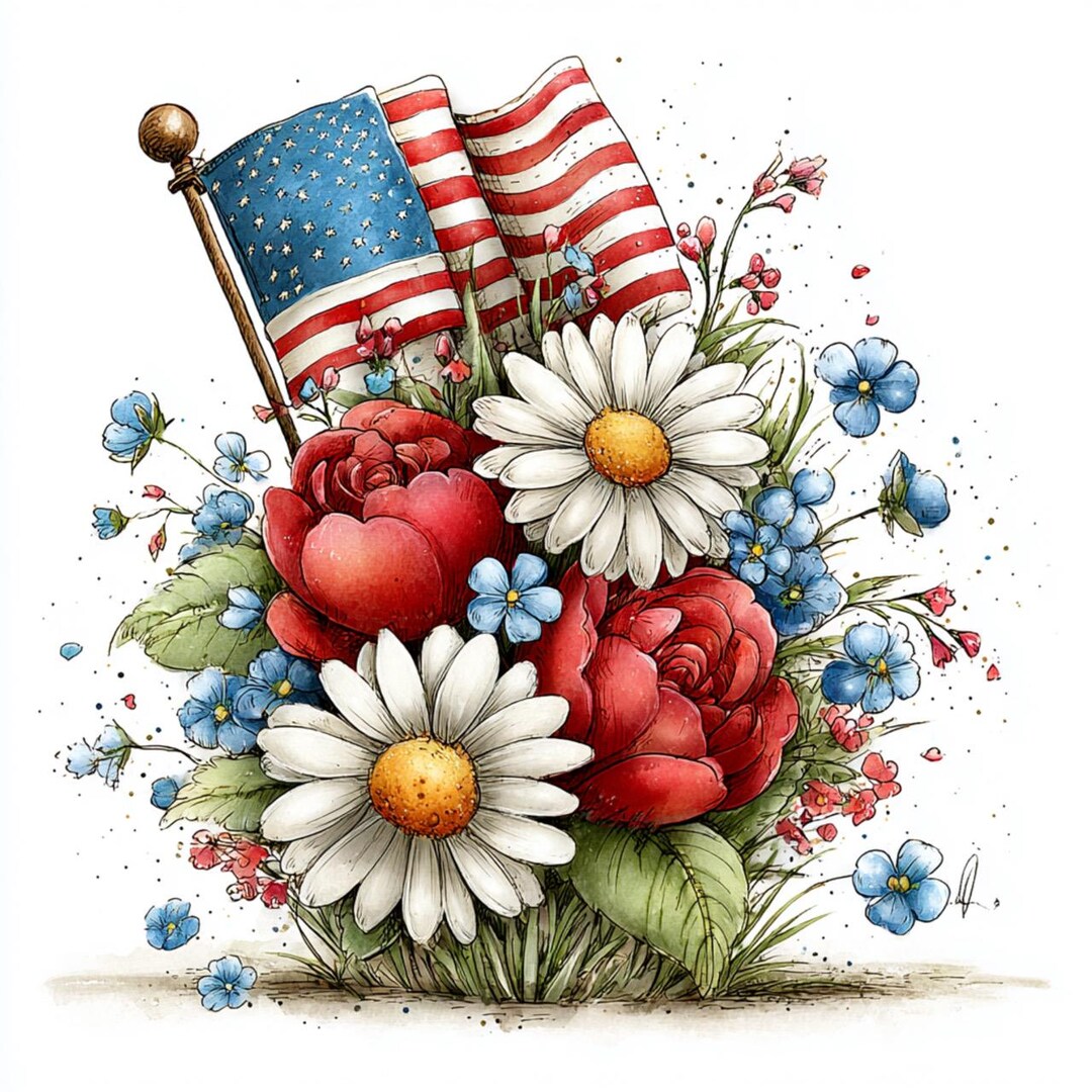 20 JPG Whimsical Patriotic Bouquet Clipart – 4th of July Watercolor ...