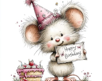 Paquete de 28 imágenes prediseñadas de fiesta de cumpleaños de ratón (JPG): adorables animales de dibujos animados para uso comercial.