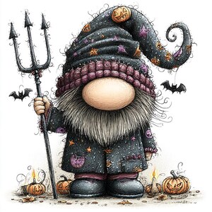 May include: A gnome illustration wearing a dark hat and coat patterned with orange pumpkins and purple stars. The gnome has a large nose, a long gray beard, and holds a black trident. Two small bats fly nearby, and orange pumpkins sit at the base.