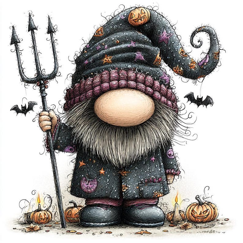 May include: A gnome illustration wearing a dark hat and coat patterned with orange pumpkins and purple stars. The gnome has a large nose, a long gray beard, and holds a black trident. Two small bats fly nearby, and orange pumpkins sit at the base.
