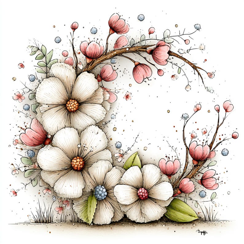 Peut inclure: Illustration &agrave; l'aquarelle d'une couronne florale avec de grandes fleurs blanches aux centres orang&eacute;s, des fleurs roses et des feuilles vertes. La composition comprend une branche brune et de petits accents bleus et roses sur fond blanc.