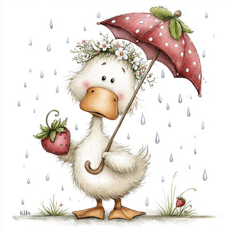 May include: A whimsical illustration of a duck holding a red strawberry and a red polka-dot umbrella. The duck wears a floral crown and stands in the rain. The artwork has a soft, watercolor style, with a charming and cheerful aesthetic.