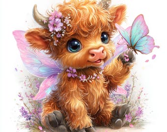 30 JPG Highland Cow Butterfly Clipart, Cute Cartoon Highland Cows Butterflies Digital Download Highland Cow Butterfly Printable Clip Art