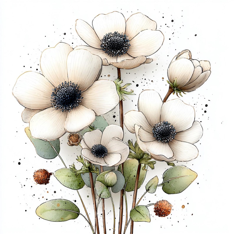 Puede incluir: Ilustraci&oacute;n en acuarela de flores de an&eacute;mona blancas con centros azul oscuro y hojas verdes. Las flores est&aacute;n dispuestas en un ramo, con tallos y capullos marrones. Salpicaduras de pintura negra a&ntilde;aden detalles.